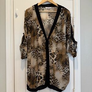 Exclusively Misook Cardigan Women’s Sz XL Animal Print Sheer Chiffon Tan Black